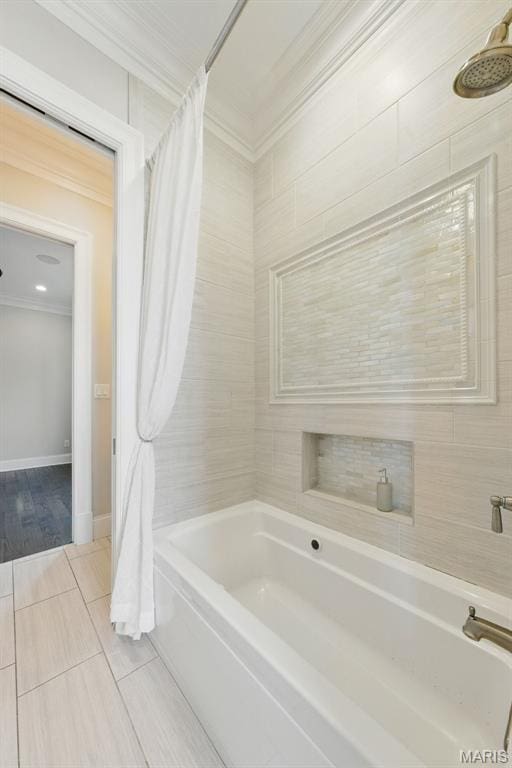 1212 Dolman St, Saint Louis, MO 63104 - bathroom with crown molding, shower / bathtub combination with curtain, and baseboards