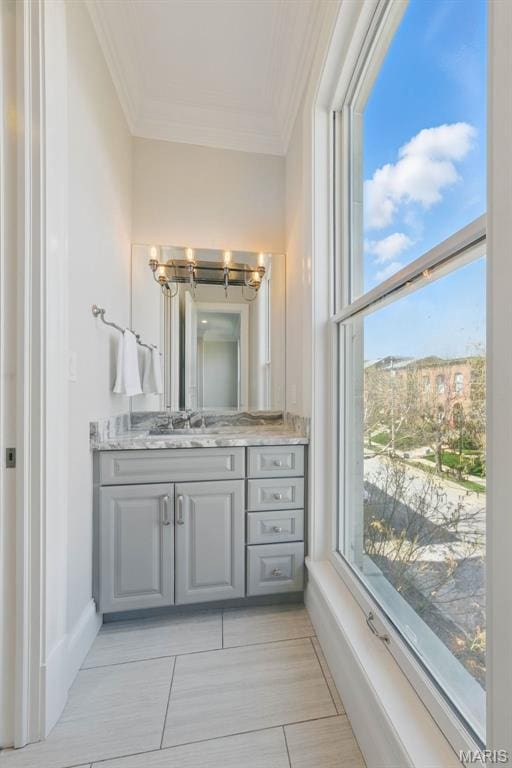 1212 Dolman St, Saint Louis, MO 63104 - bathroom with crown molding, vanity, and a chandelier