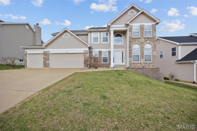 1008 Baypointe Dr, Imperial, MO 63052 - view of front of house featuring brick siding, an attached garage, concrete driveway, and a front lawn