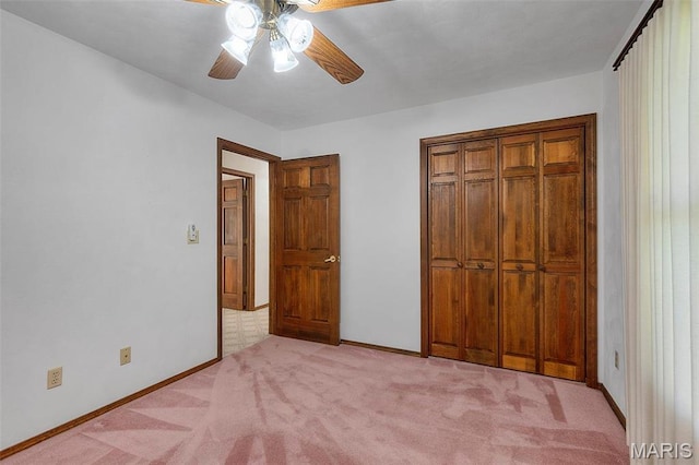 413 Huber Rd, Perryville, MO 63775 - unfurnished bedroom with light colored carpet, baseboards, ceiling fan, and a closet