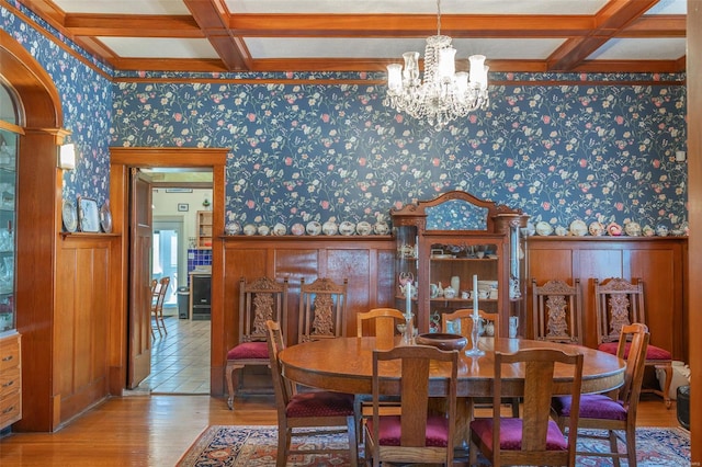 dining area with coffered ceiling, wallpapered walls, beam ceiling, wood finished floors, and a chandelier