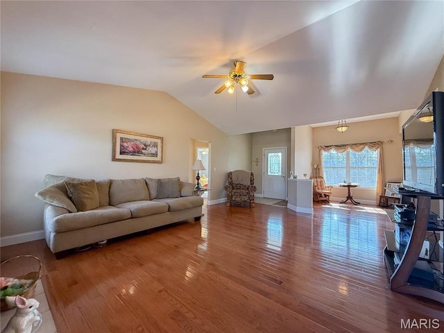 12 Sumter Dr, Hillsboro, MO 63050 - living room featuring ceiling fan, wood finished floors, lofted ceiling, and baseboards
