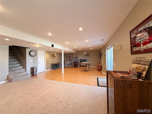 12 Sumter Dr, Hillsboro, MO 63050 - living area with carpet, baseboards, recessed lighting, and stairway