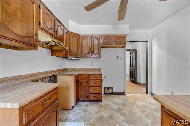 1825 S New Florissant Rd, Florissant, MO 63031 - kitchen featuring under cabinet range hood, a ceiling fan, brown cabinets, and light countertops