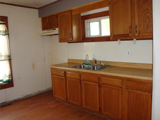 411 Southard Pl, South Roxana, IL 62087 - kitchen with a sink, brown cabinets, under cabinet range hood, wood finished floors, and ornamental molding