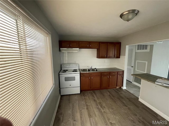 2213 Kerwin Dr, Saint Louis, MO 63136 - kitchen with electric range, a sink, dark wood-style floors, under cabinet range hood, and brown cabinets