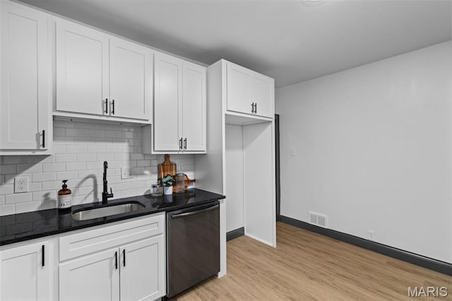 6007 S Kingshighway Blvd S, Saint Louis, MO 63109 - kitchen with dishwasher, a sink, dark stone countertops, light wood finished floors, and backsplash