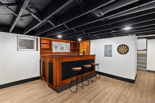 6007 S Kingshighway Blvd S, Saint Louis, MO 63109 - indoor dry bar with baseboards, electric panel, wood finished floors, and stairway