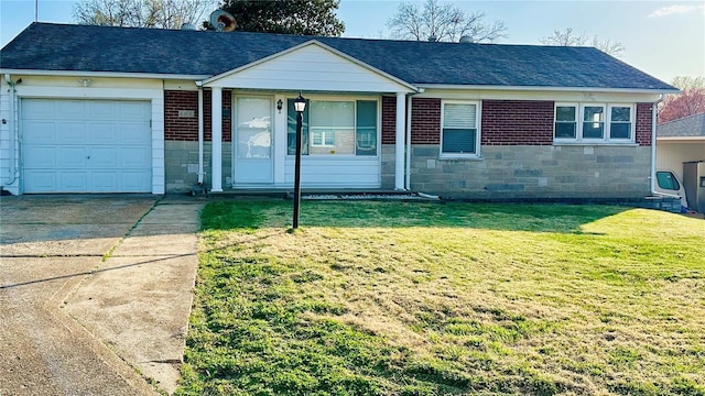 4400 Mohegan Dr, Saint Louis, MO 63123 - ranch-style home featuring a garage, a front lawn, driveway, stone siding, and roof with shingles