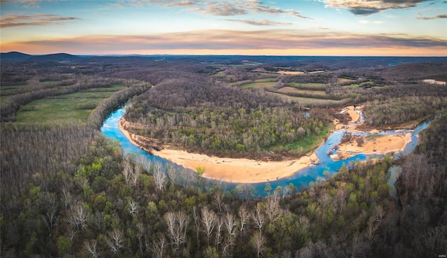 aerial overview of property's location featuring a heavily wooded area and a large body of water