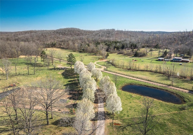 aerial view of sparsely populated area with a heavily wooded area and a large body of water