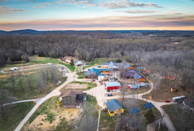aerial view at dusk of a wooded view