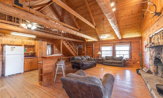 living area with wooden ceiling, beam ceiling, light wood-style floors, wood walls, and a fireplace