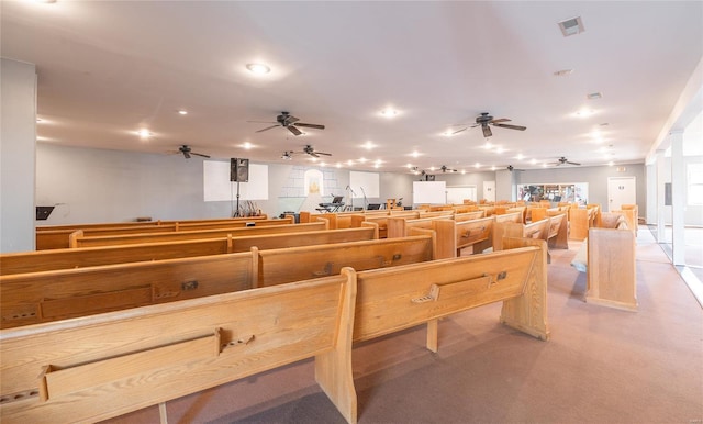 recreation room featuring ceiling fan and recessed lighting