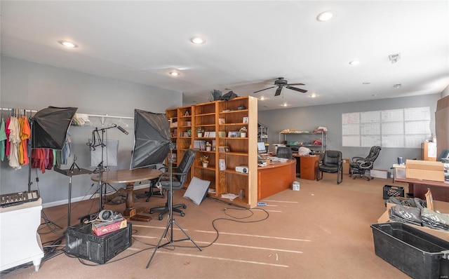 carpeted home office with a ceiling fan, recessed lighting, and baseboards
