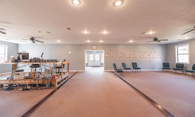 miscellaneous room featuring ceiling fan, carpet floors, plenty of natural light, and recessed lighting
