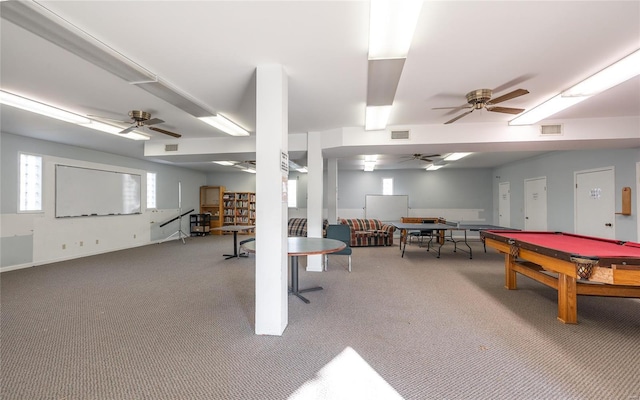 recreation room with carpet flooring, a ceiling fan, and pool table