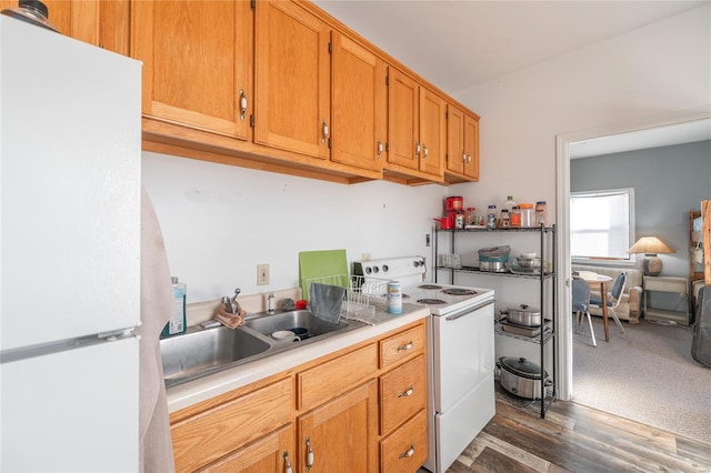kitchen featuring white appliances, light countertops, a sink, dark wood-style flooring, and brown cabinetry