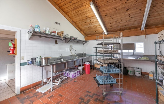 kitchen featuring open shelves and wood ceiling
