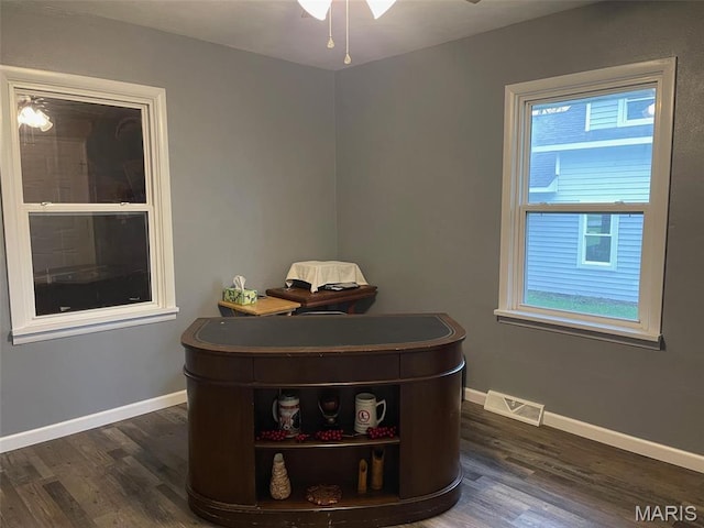 detailed view of wood finished floors, baseboards, and ceiling fan