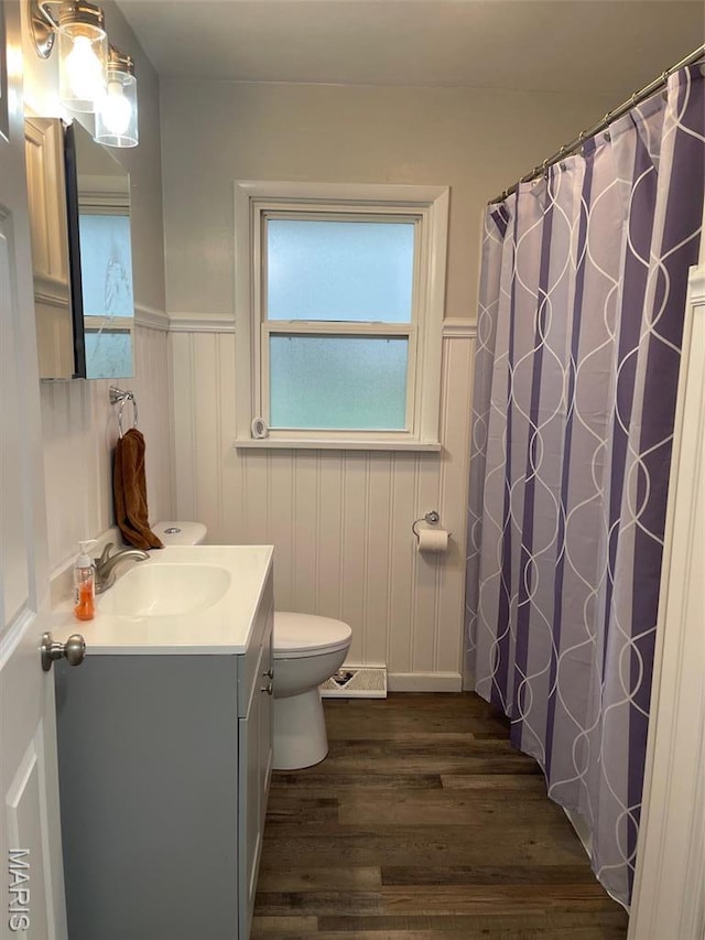 full bathroom featuring wood finished floors, wainscoting, toilet, vanity, and a shower with curtain