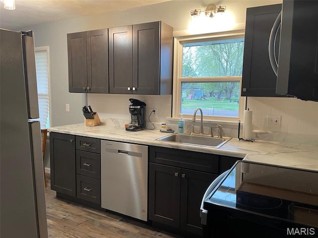 kitchen featuring stainless steel appliances, a sink, backsplash, and light wood-type flooring