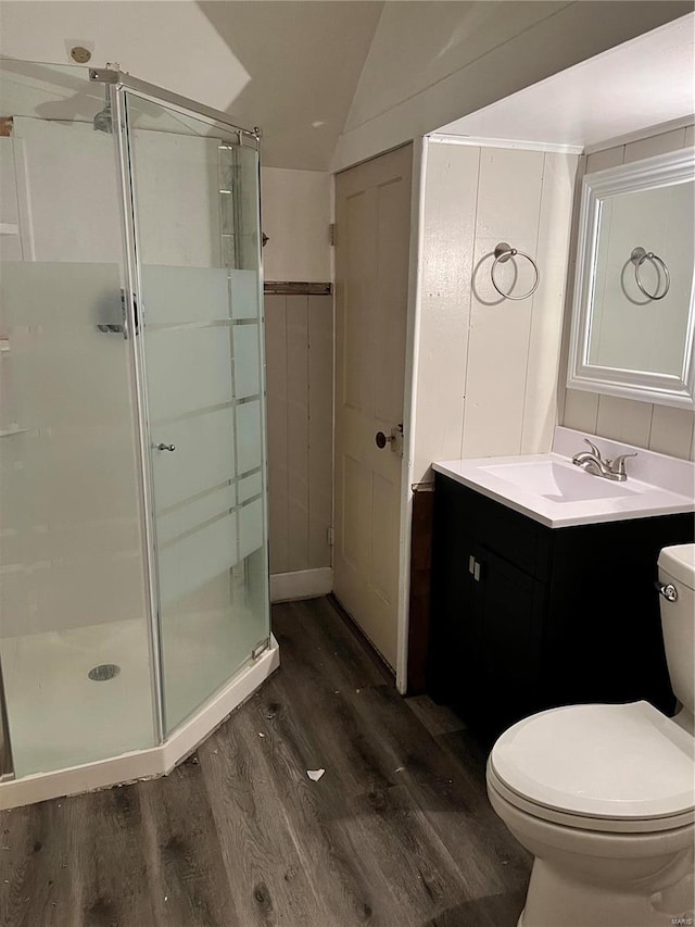 108 Rau St, Waterloo, IL 62298 - bathroom featuring wood finished floors, a shower stall, toilet, lofted ceiling, and vanity