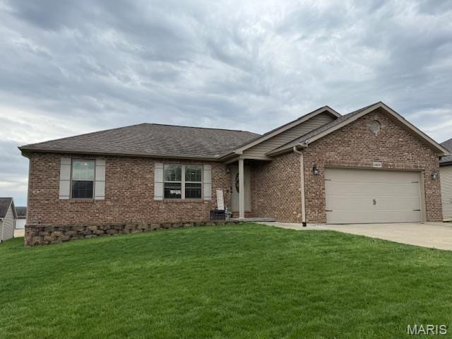 1607 Enterprise Ct, Jackson, MO 63755 - single story home featuring a garage, driveway, brick siding, a front yard, and roof with shingles