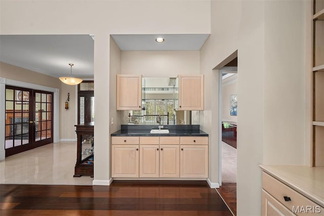1416 Haarman Oak Dr, Wildwood, MO 63005 - kitchen featuring light brown cabinets, french doors, dark countertops, recessed lighting, and ornamental molding