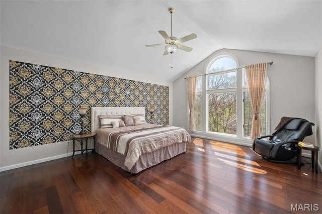 1416 Haarman Oak Dr, Wildwood, MO 63005 - bedroom with an accent wall, dark wood-style floors, lofted ceiling, ceiling fan, and wallpapered walls