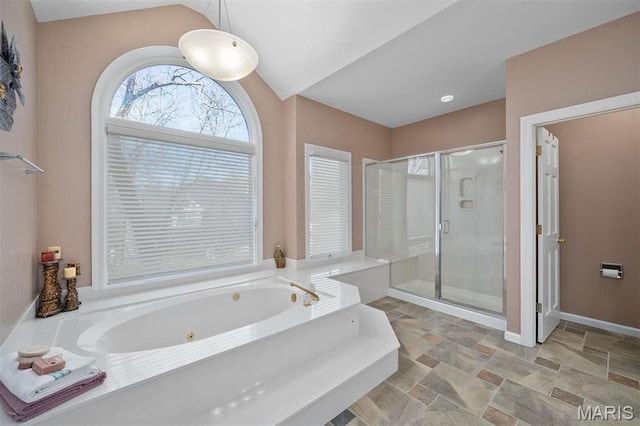 1416 Haarman Oak Dr, Wildwood, MO 63005 - bathroom with a shower stall, a whirlpool tub, stone finish flooring, and lofted ceiling