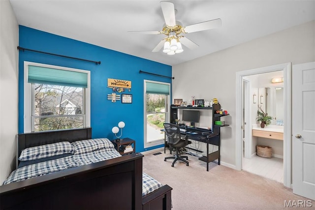 1416 Haarman Oak Dr, Wildwood, MO 63005 - carpeted bedroom with a desk, ensuite bathroom, and ceiling fan