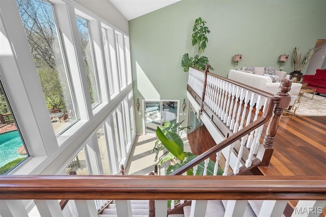 1416 Haarman Oak Dr, Wildwood, MO 63005 - stairs with lofted ceiling and wood finished floors