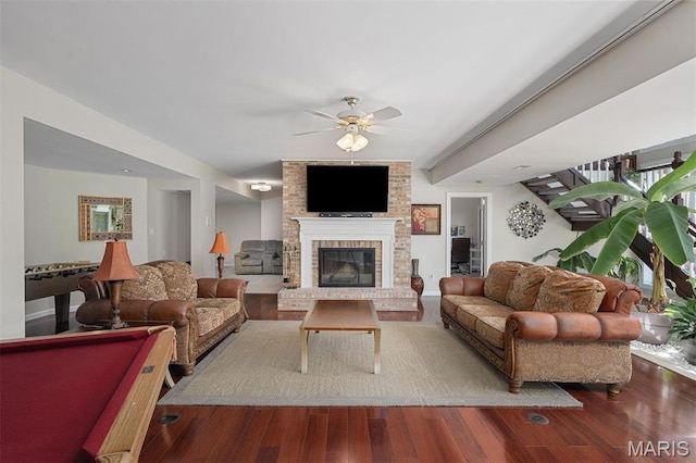 1416 Haarman Oak Dr, Wildwood, MO 63005 - living area featuring ceiling fan, a fireplace, wood finished floors, and billiards