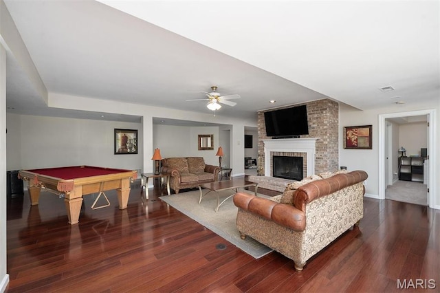 1416 Haarman Oak Dr, Wildwood, MO 63005 - living area featuring a ceiling fan, dark wood-type flooring, a fireplace, and billiards table
