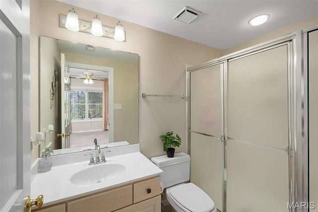 1416 Haarman Oak Dr, Wildwood, MO 63005 - bathroom with a shower stall, vanity, and a ceiling fan