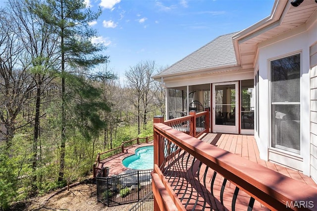 1416 Haarman Oak Dr, Wildwood, MO 63005 - wooden deck featuring a sunroom and an outdoor pool