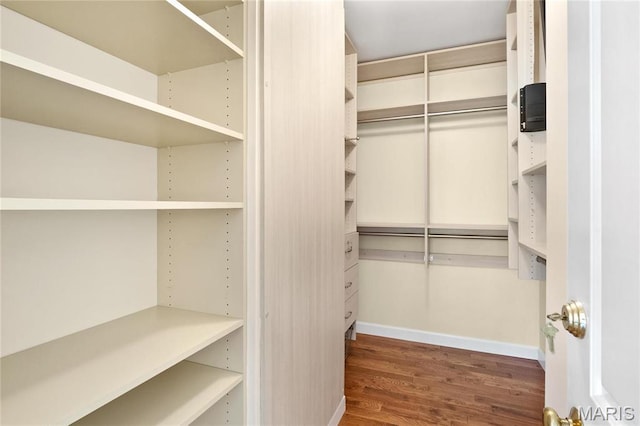 walk in closet with wood finished floors