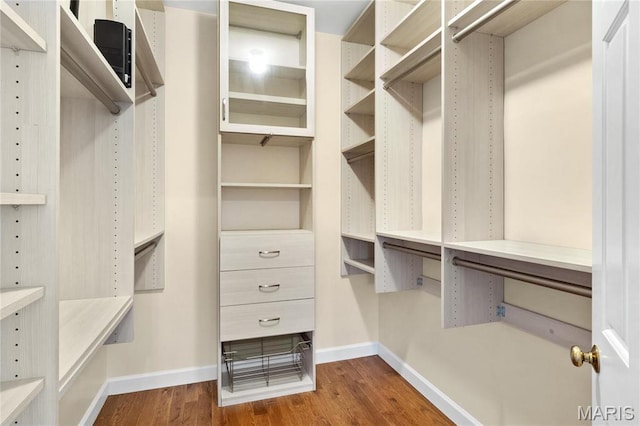 spacious closet with dark wood finished floors