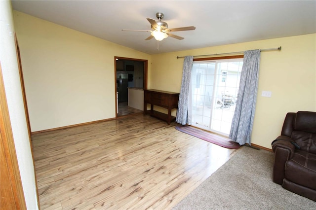 634 Ccam Rose Ln, Perryville, MO 63775 - living room featuring ceiling fan, wood finished floors, baseboards, and lofted ceiling