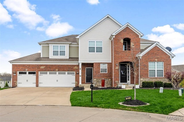 351 Oak Stand Ct, Chesterfield, MO 63005 - traditional-style home with concrete driveway, a front yard, brick siding, and roof with shingles
