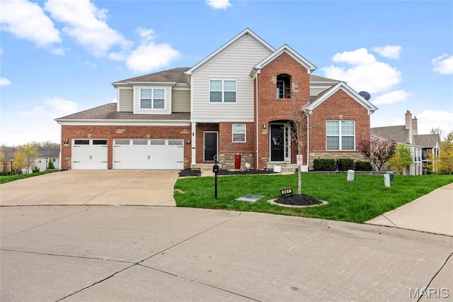 351 Oak Stand Ct, Chesterfield, MO 63005 - traditional-style house featuring concrete driveway, brick siding, and a front yard