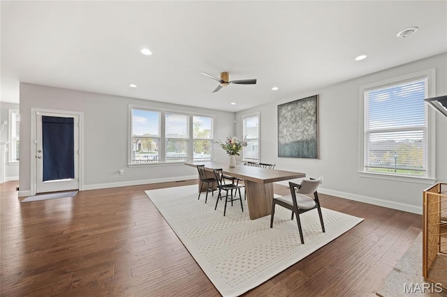 351 Oak Stand Ct, Chesterfield, MO 63005 - dining space featuring baseboards, a ceiling fan, dark wood-type flooring, and recessed lighting