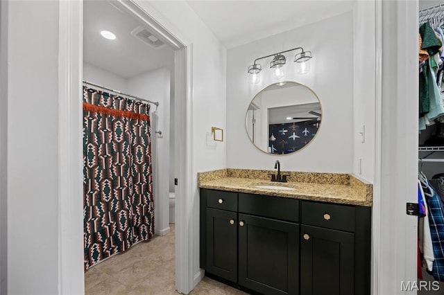 351 Oak Stand Ct, Chesterfield, MO 63005 - bathroom with vanity, a shower with curtain, tile patterned floors, and toilet