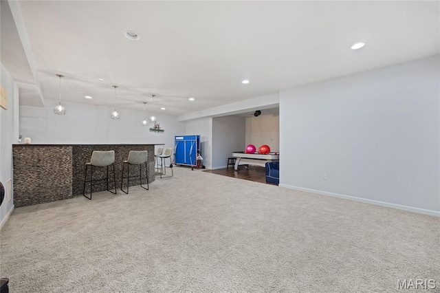 351 Oak Stand Ct, Chesterfield, MO 63005 - rec room with carpet flooring, recessed lighting, bar area, and baseboards