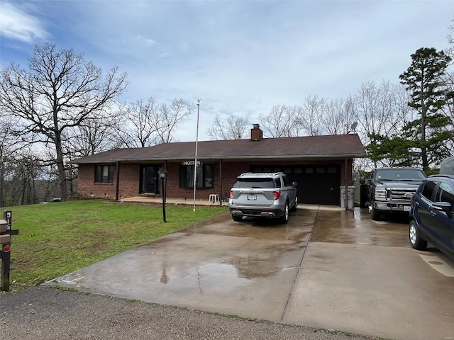 515 Rue Lamande, Bonne Terre, MO 63628 - ranch-style house featuring an attached garage, driveway, a front lawn, brick siding, and a chimney