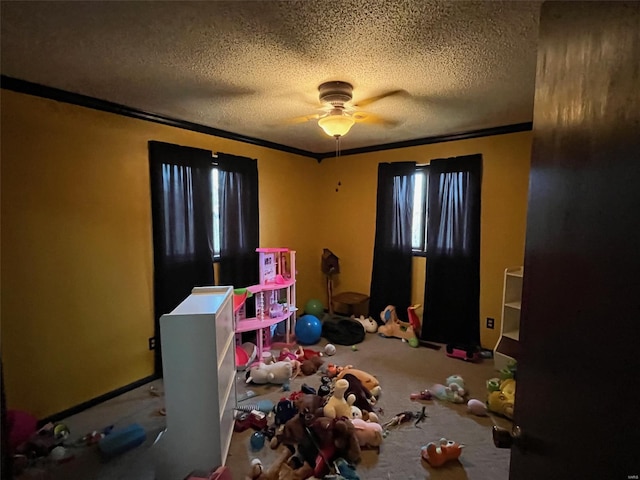 515 Rue Lamande, Bonne Terre, MO 63628 - bedroom with a textured ceiling, ornamental molding, carpet, and a ceiling fan