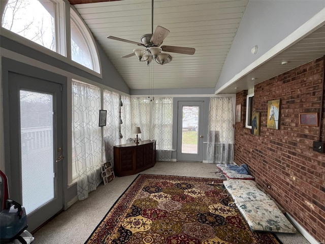 515 Rue Lamande, Bonne Terre, MO 63628 - sunroom / solarium featuring plenty of natural light, brick wall, carpet, and high vaulted ceiling