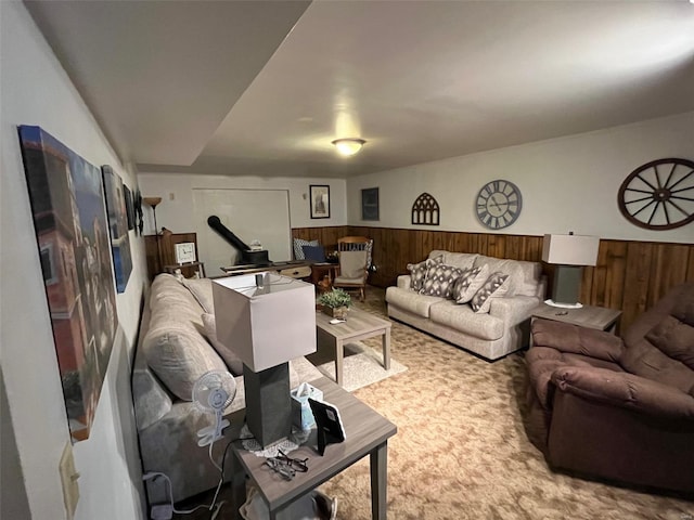 515 Rue Lamande, Bonne Terre, MO 63628 - living room featuring wood walls, carpet flooring, and wainscoting