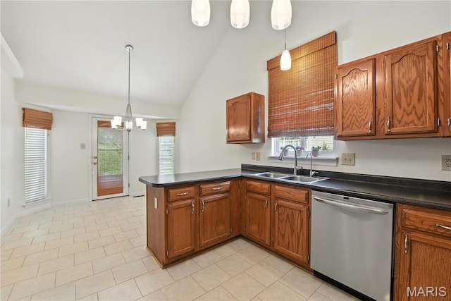 1827 Pheasant Run Dr, Maryland Heights, MO 63043 - kitchen featuring stainless steel dishwasher, a peninsula, dark countertops, brown cabinetry, and high vaulted ceiling